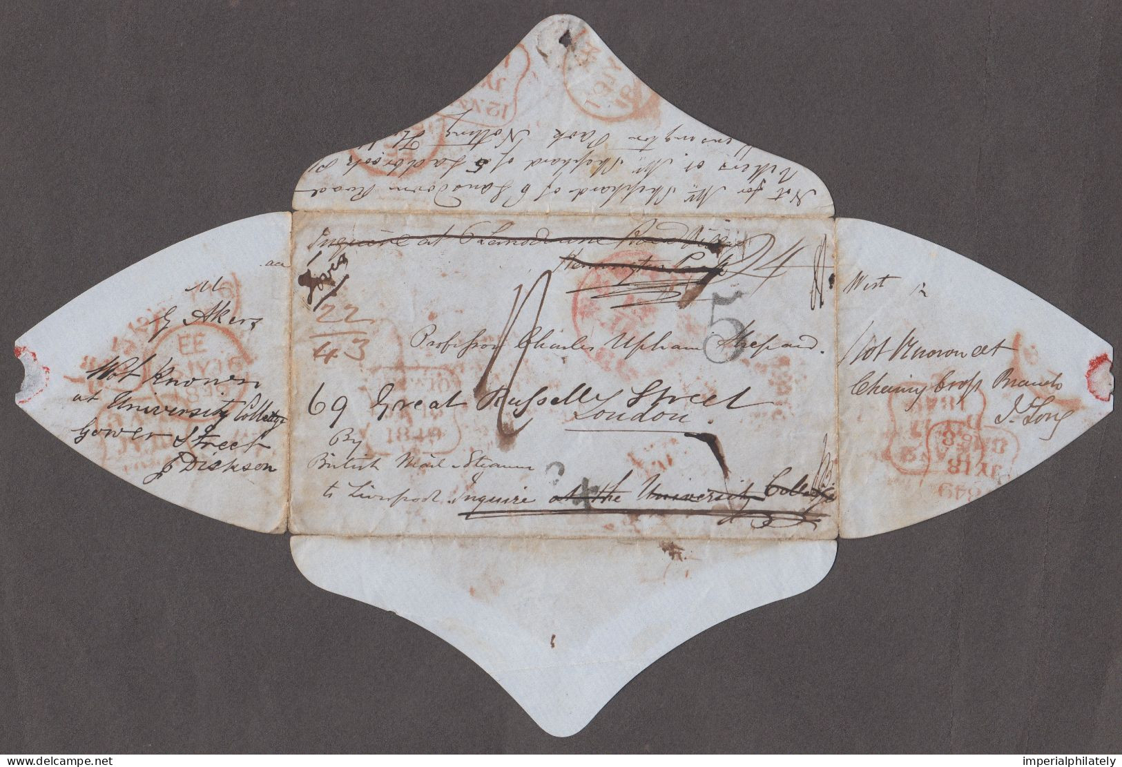 1849 Stampless Envelope From The USA Sent Simply To Professor Charles Upham Shepard, London, Redirected Several Times - Briefe U. Dokumente