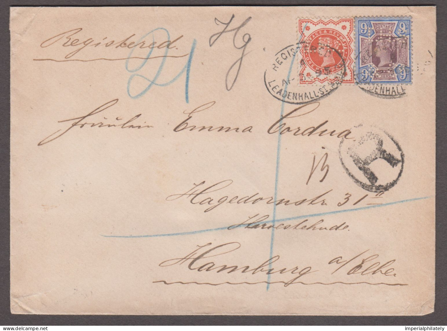 1895 (Apr 3) Envelope To Germany With 1887 1/2d Vermilion And 9d Purple & Blue Jubilees, Both With "THS & Co." Perfins - Storia Postale