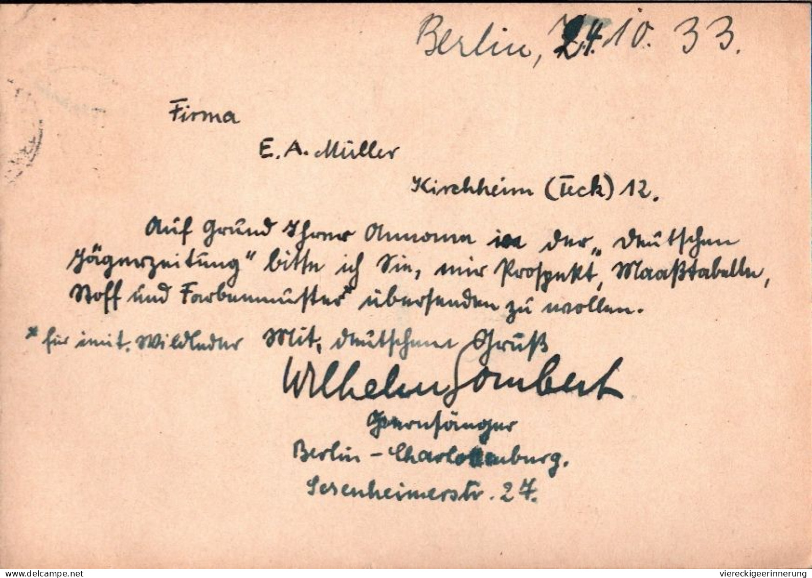 ! 1933 Ganzsache Aus Berlin Charlottenburg , Autograph Wilhelm Gombert, Opernsänger - Briefe U. Dokumente
