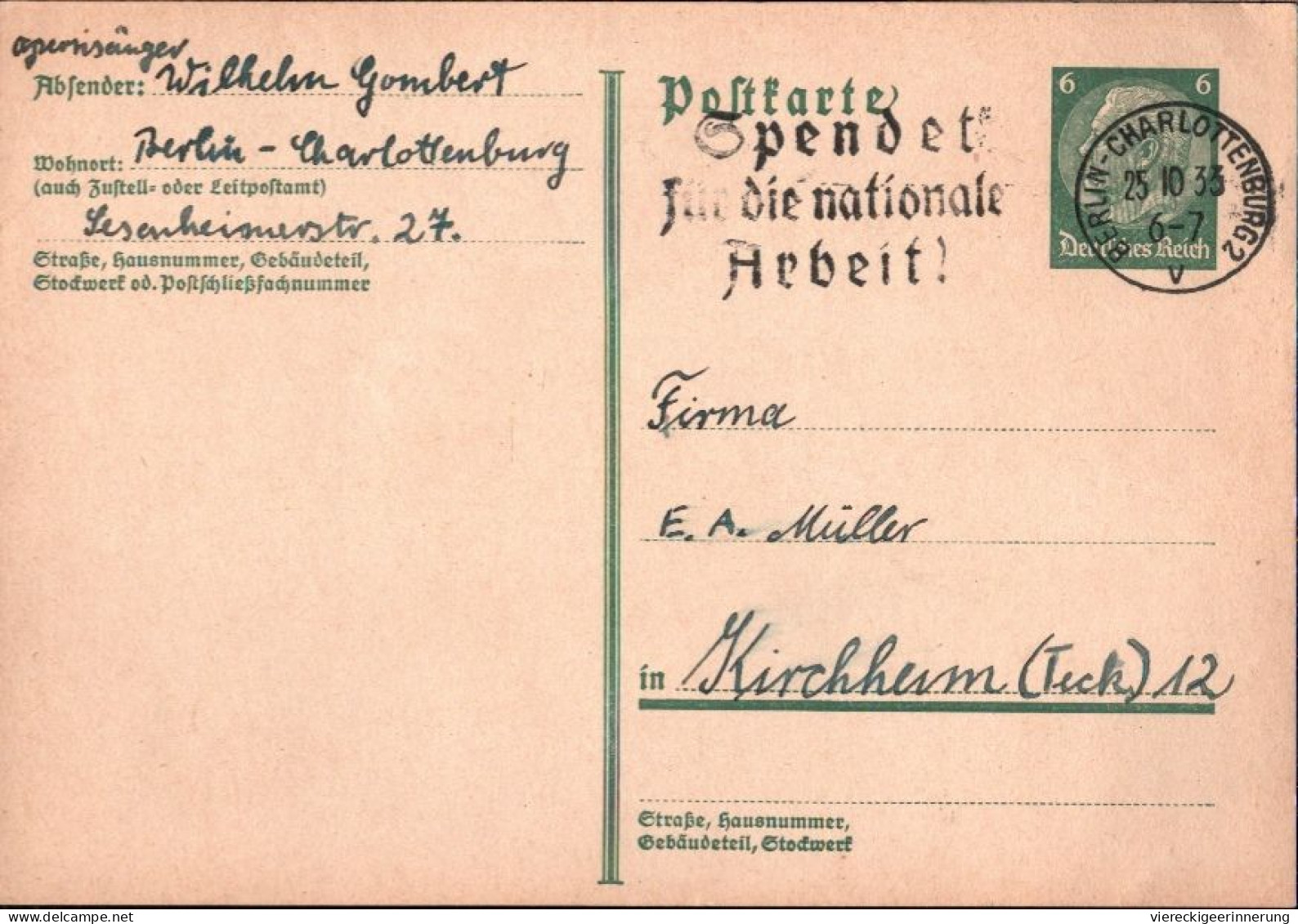 ! 1933 Ganzsache Aus Berlin Charlottenburg , Autograph Wilhelm Gombert, Opernsänger - Lettres & Documents