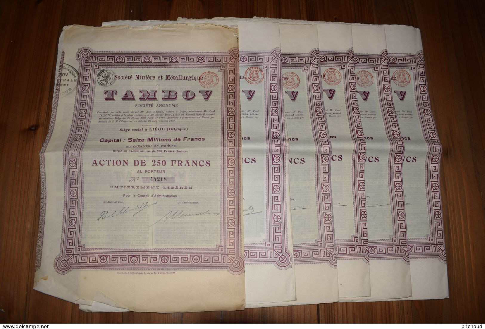 6X Société Minière Et Métallurgique Du Tambov 250 Francs Complet 1899 - Russie