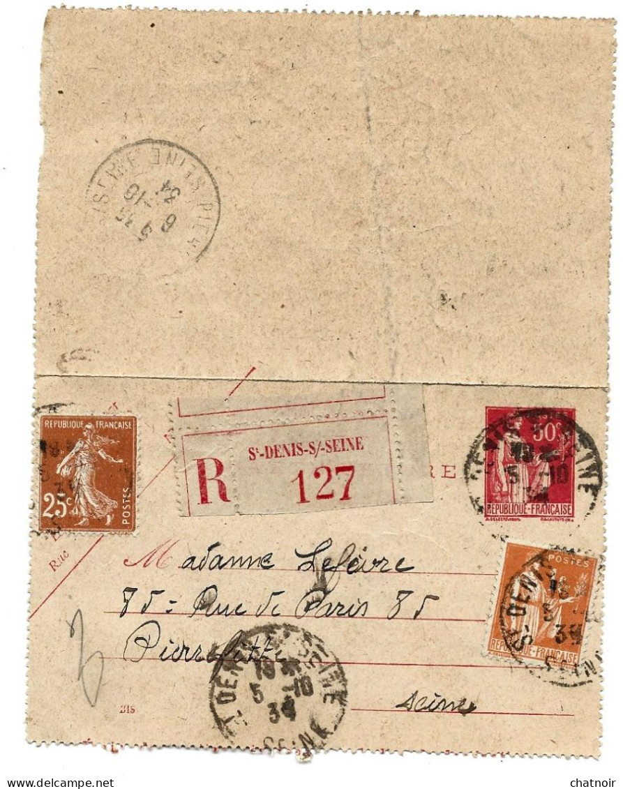 Carte Lettre  50c Paix  Recom " St Denis Sur Seine" + 1fr Paix + 25c Semeuse  1934 - Brieven En Documenten