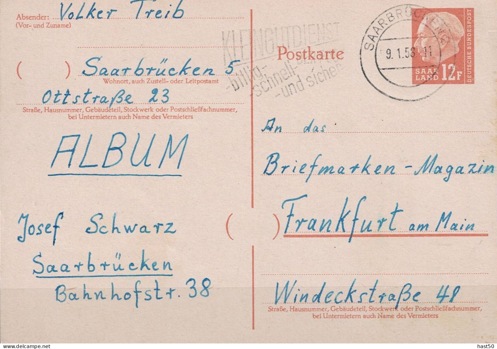 Saargebiet Saar Sarre - Postkarte Heuss (MiNr: P 47) 1957 - Siehe Scan - Sonstige & Ohne Zuordnung