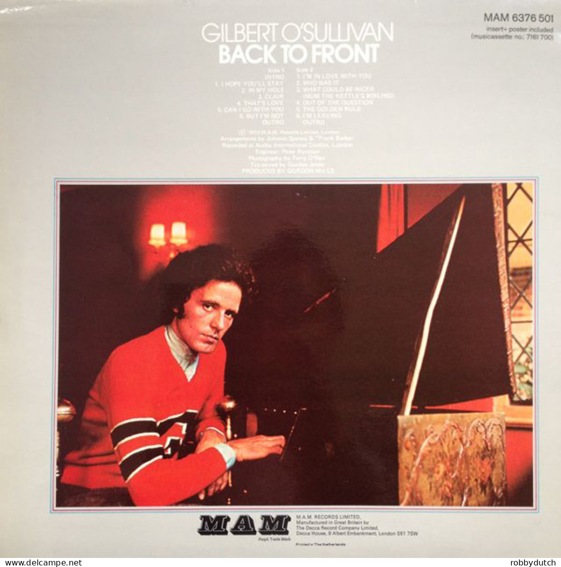 * LP *  GILBERT O' SULLIVAN - BACK TO FRONT (Holland 1972 Incl. Poster) - Disco, Pop