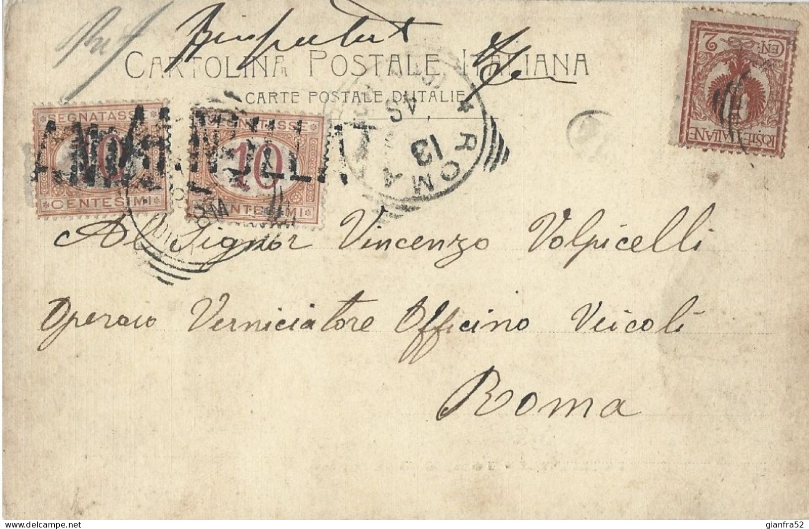 STORIA POSTALE CARTOLINA ILLUSTRATA TASSA CON CENT. 10 SEGNATASSE DEL 1901 BOLLO ANNULLATO + DATARIO - Postage Due