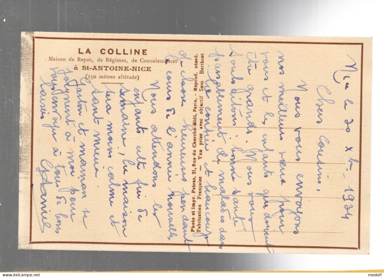 CPA - 06 - St-Antoine-Nice - Maison De Repos La Colline - 1934 - Santé, Hôpitaux