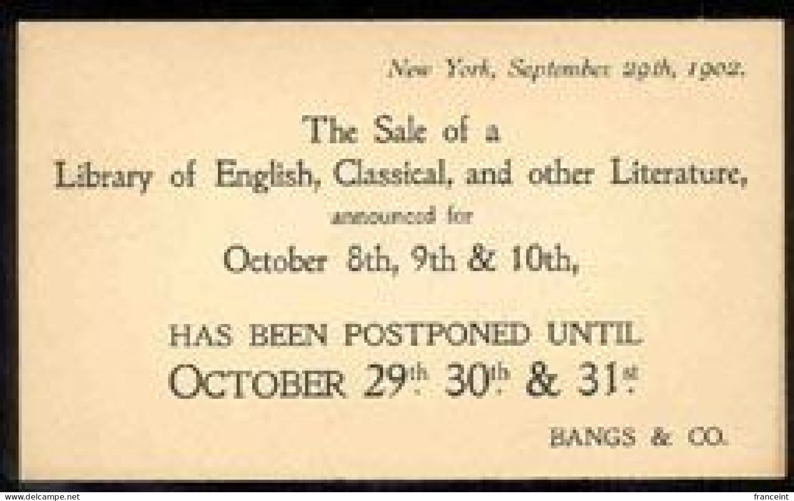 U.S.A.(1902) Literature. Postal Card With Printed Announcement On Back Noting Postponement Of "Sale Of A Library Of Engl - 1901-20