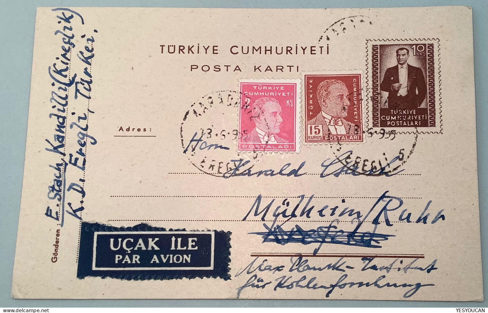 Turkey EREGLI 1955(Kandilli) 10k Postal Stationery Card Par Avion>Mühlheim/Ruhr Max Planck Kohle-Forschung (Charbon Coal - Interi Postali