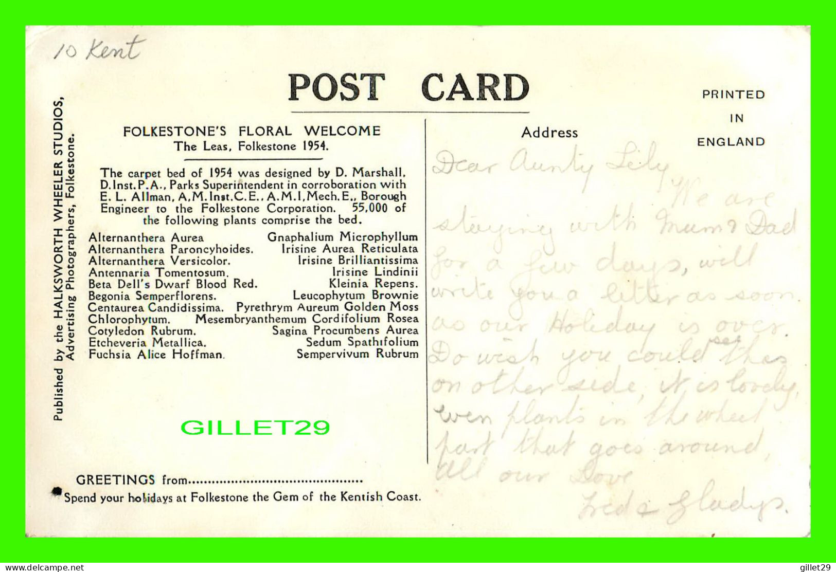 FOLKESTONE, KENT, UK - 6 MULTIVUES -  FOLKESTONE'S FLORAL WELCOME, THE LEAS, 1954 - WRITTEN - HALKSWORTH WHEELER STUDIOS - Folkestone