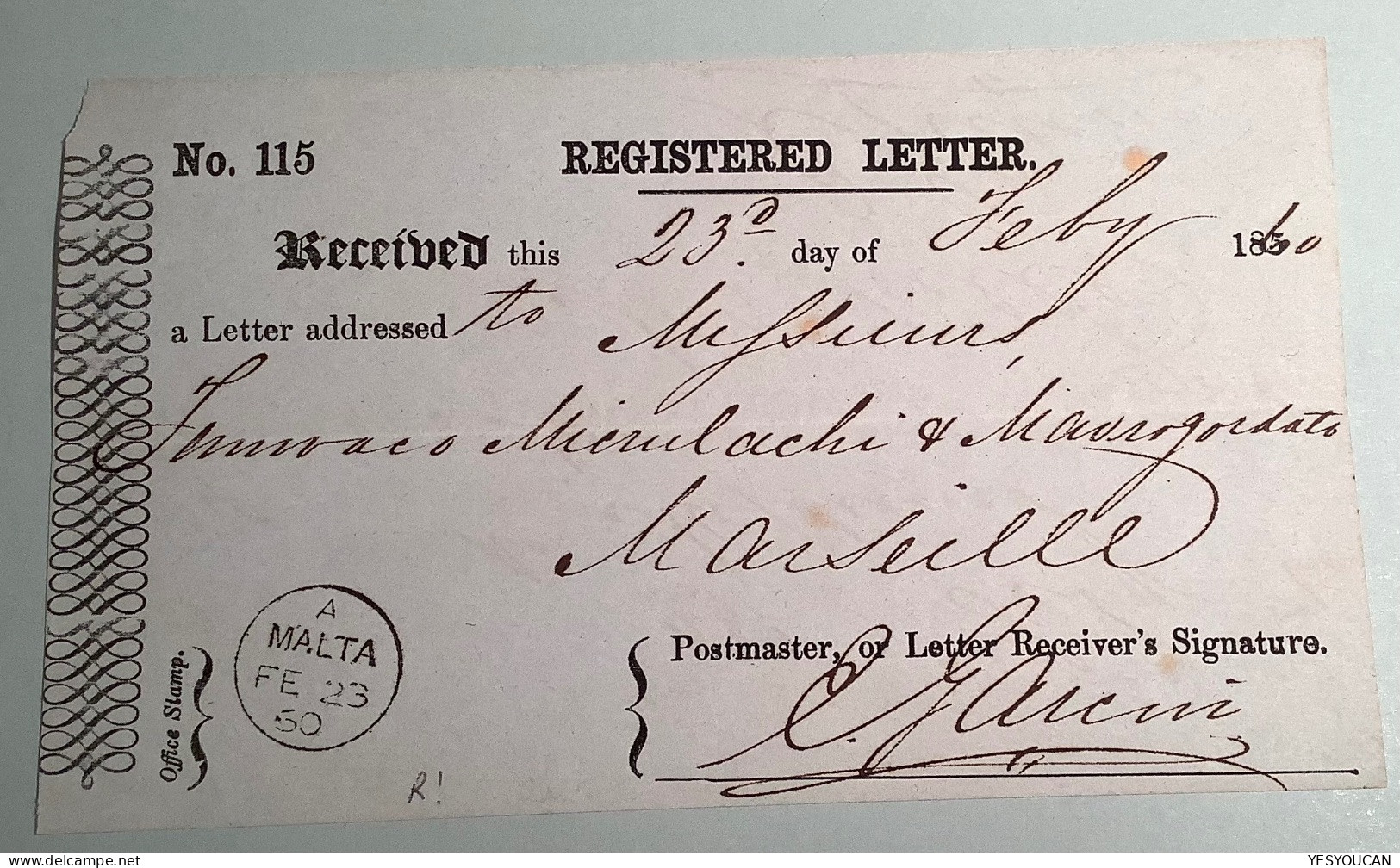MALTA 1860 Rare REGISTERED LETTER Receipt Formular With Signature Of The Postmaster For A Letter To Marseille - Malta
