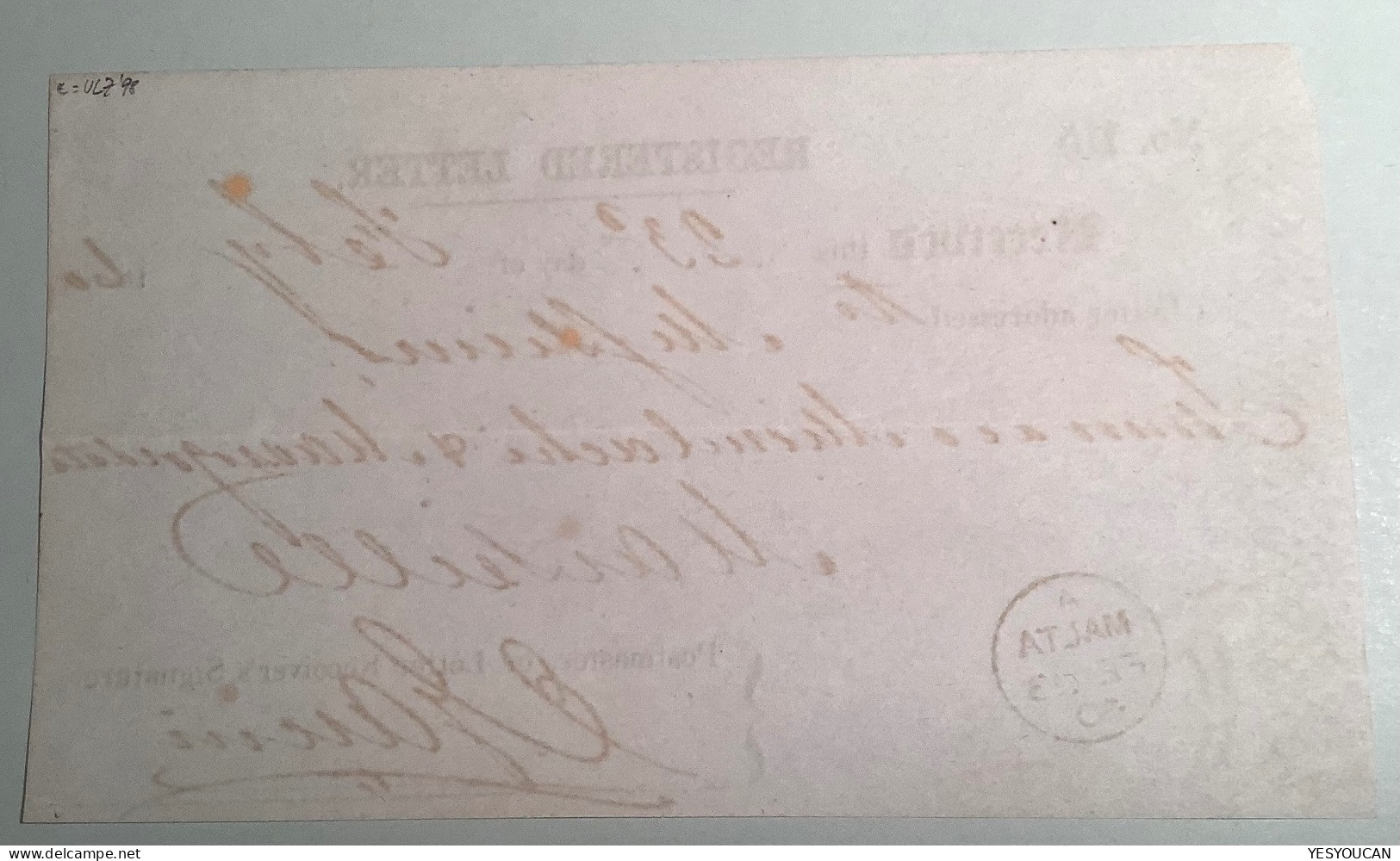 MALTA 1860 Rare REGISTERED LETTER Receipt Formular With Signature Of The Postmaster For A Letter To Marseille - Malte