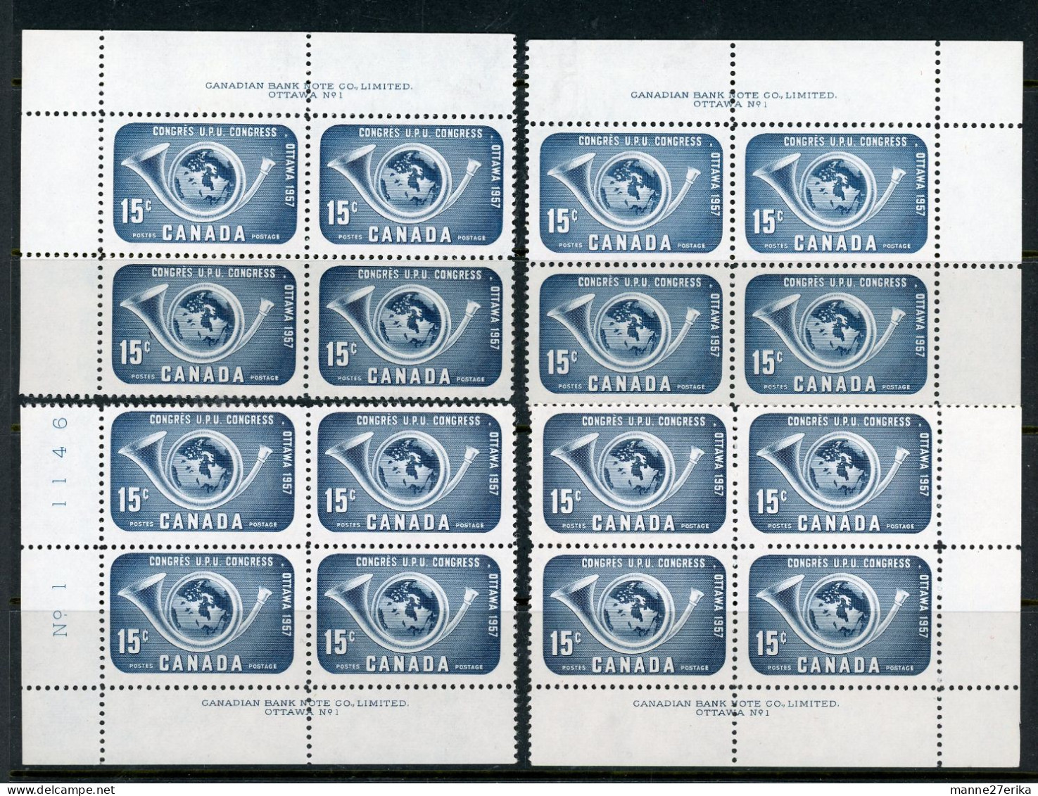 -Canada-1957- "UPU Issue"  MNH  Plate Blocks** "Posthorn And Globe - Ungebraucht