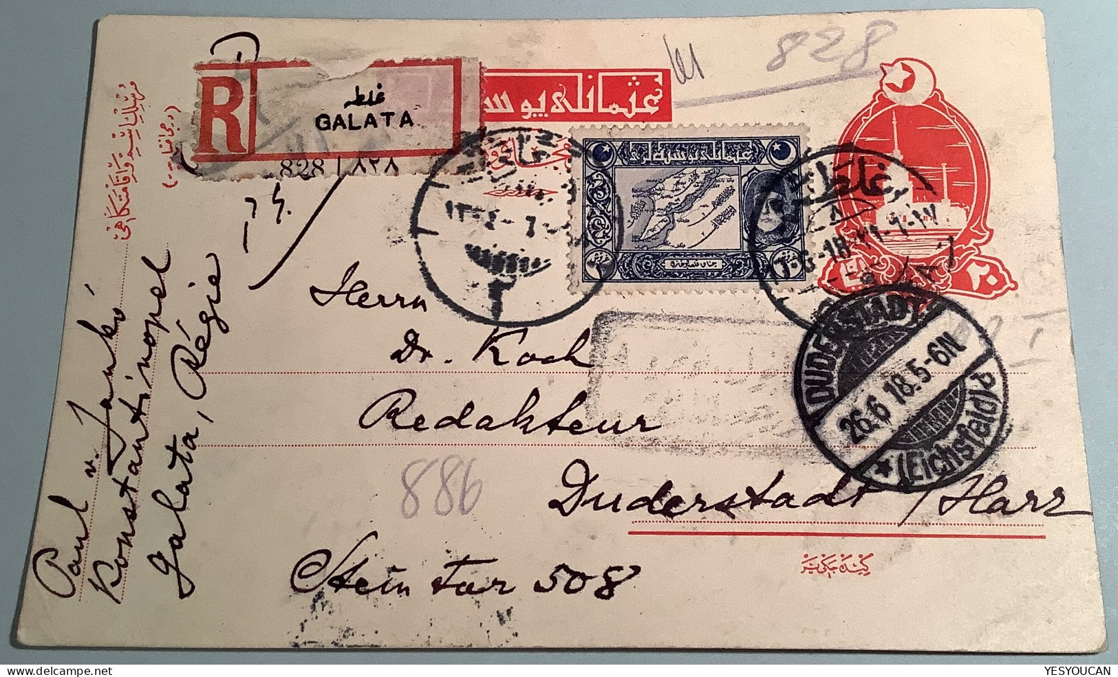 Turkey GALATA 1918 Scarce REGISTERED & CENSORED Postal Stationery Card>Duderstadt Harz - Postal Stationery