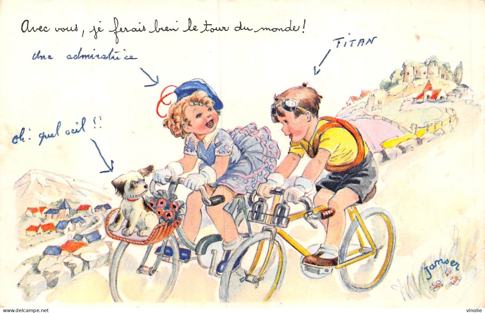 PIE-23-GOLL. 7509 : CARTE ILLUSTREE. HUMOUR. JANSER. LE TOUR DU MONDE A VELO - Janser