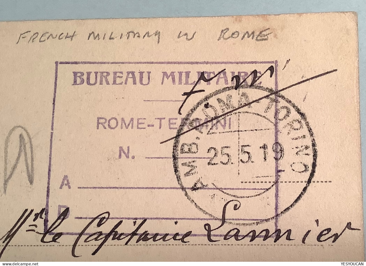 1919FRENCH MILITARY P.O „BUREAU MILITAIRE ROME-TERMINI“ F.M+AMB ROMA-TORINO(Italia Italy WW1 War1914-1918guerre Français - Marcophilia