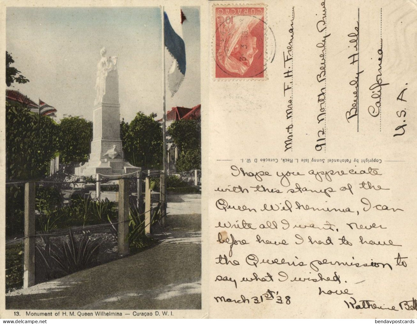 Curacao, D.W.I., WILLEMSTAD, Queen Wilhelmina Monument (1938) Sunny Isle No. 13 - Curaçao