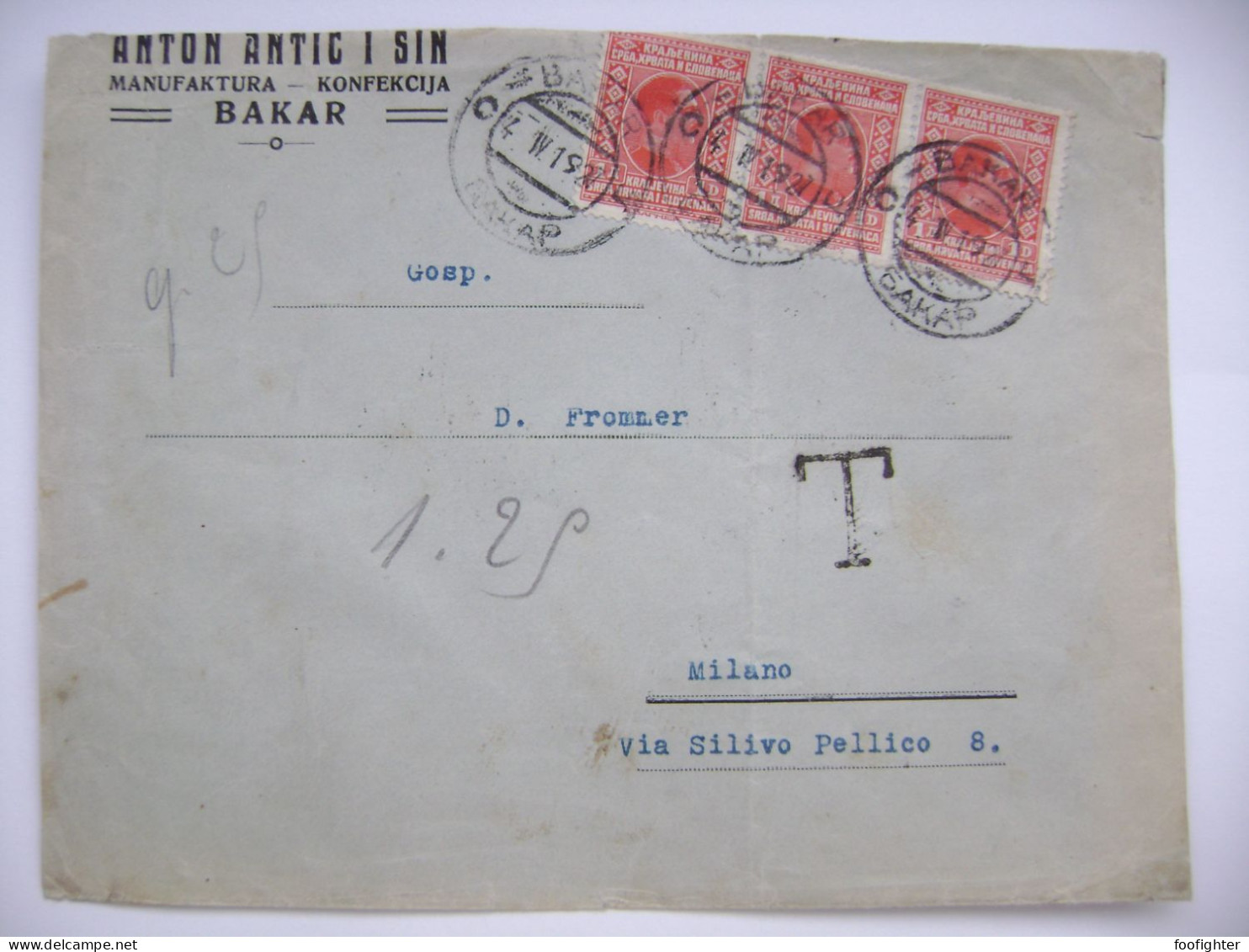 Cover 1927 Bakar ( Buccari, Kingdom Of SHS) To Milano (Italy), 3x 1 D, Taxe Postage Due Segnatasse 1 L., 5 + 2x10 Ct. - Taxe