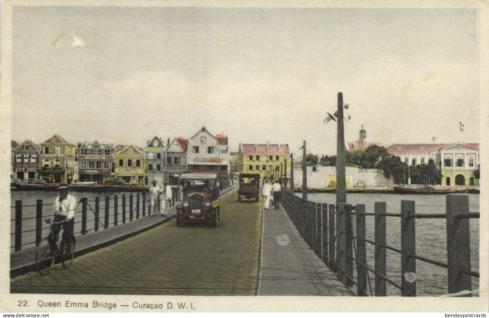 Curacao, D.W.I., WILLEMSTAD, Queen Emma Bridge 1930s Sunny Isle No. 22 Postcard - Curaçao