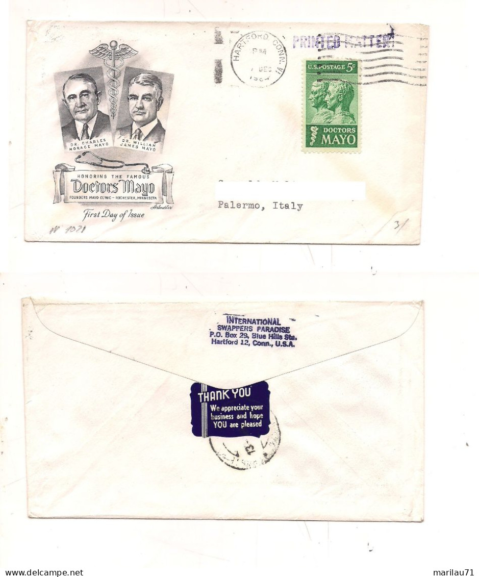 GM456 USA 1964 FDC DOCTORS MAYO STAMP VIAGGIATA PER ITALIA - Schmuck-FDC