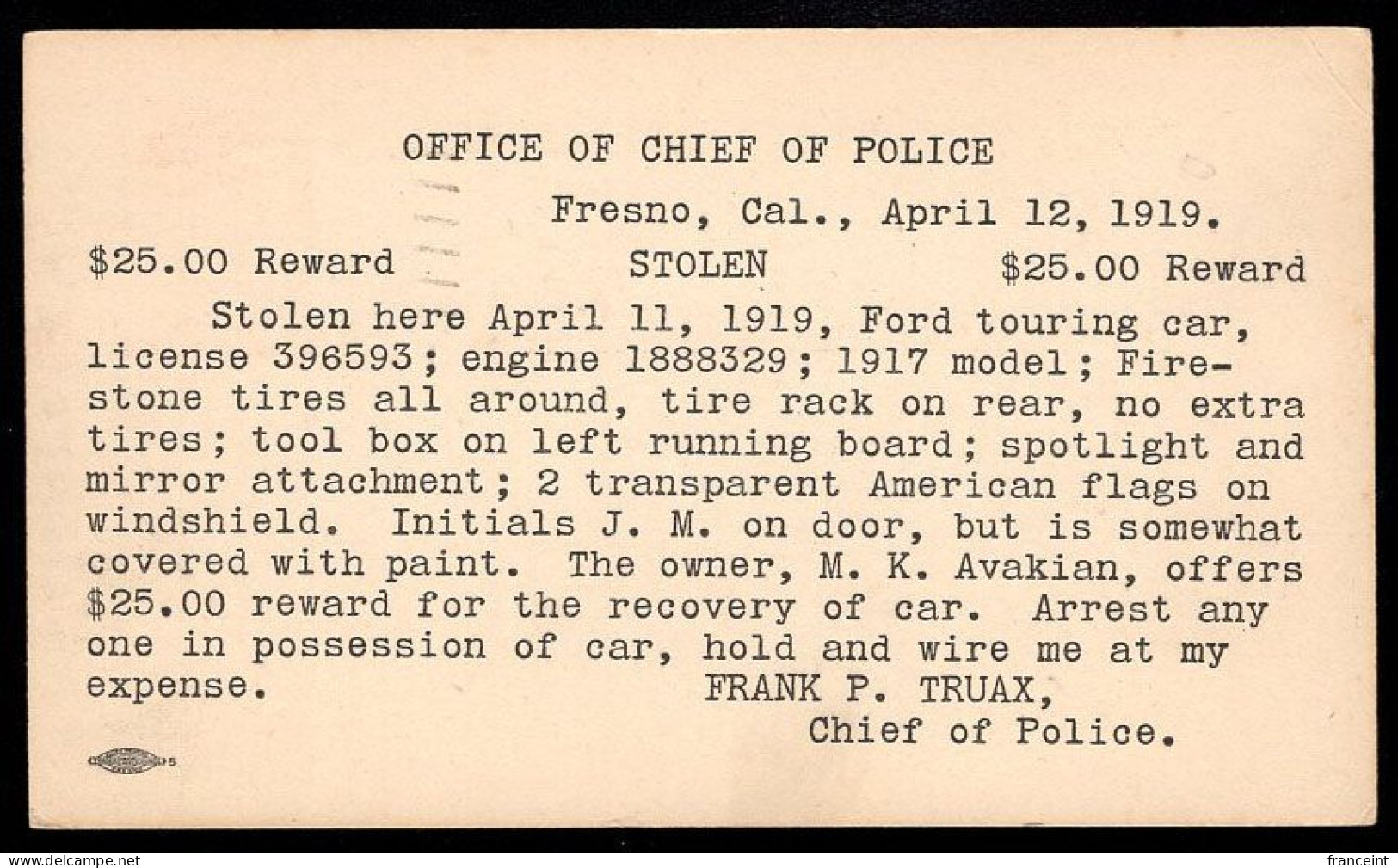 U.S.A.(1919) Auto Theft Reward Card. 2c Postal Card From Chief Of Police, Offering $25 Reward For Recovery Of 1917 Ford - Cartoline Ricordo