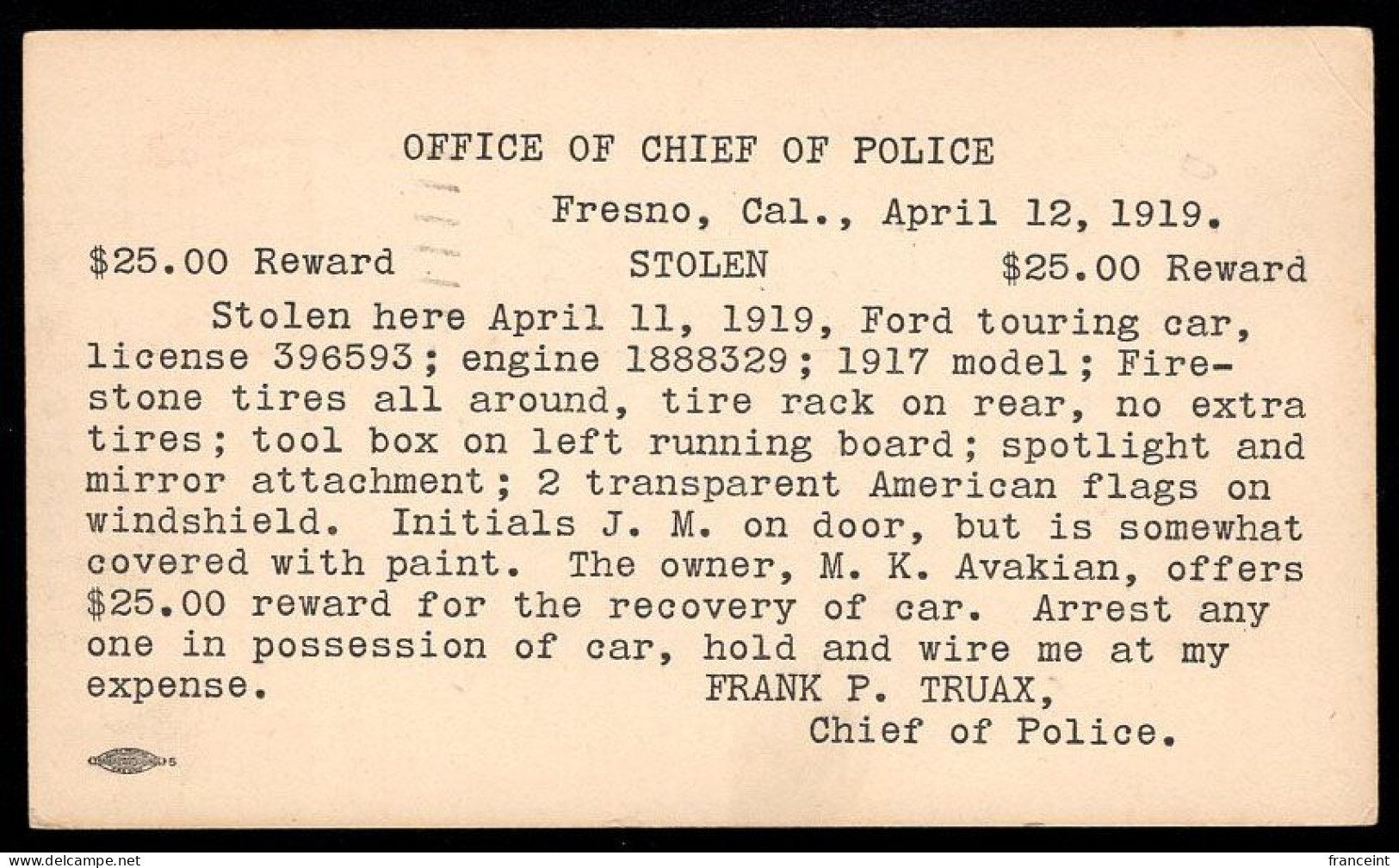 U.S.A.(1919) Auto Theft Reward Card. 2c Postal Card From Chief Of Police, Offering $25 Reward For Recovery Of 1917 Ford - Souvenirkarten