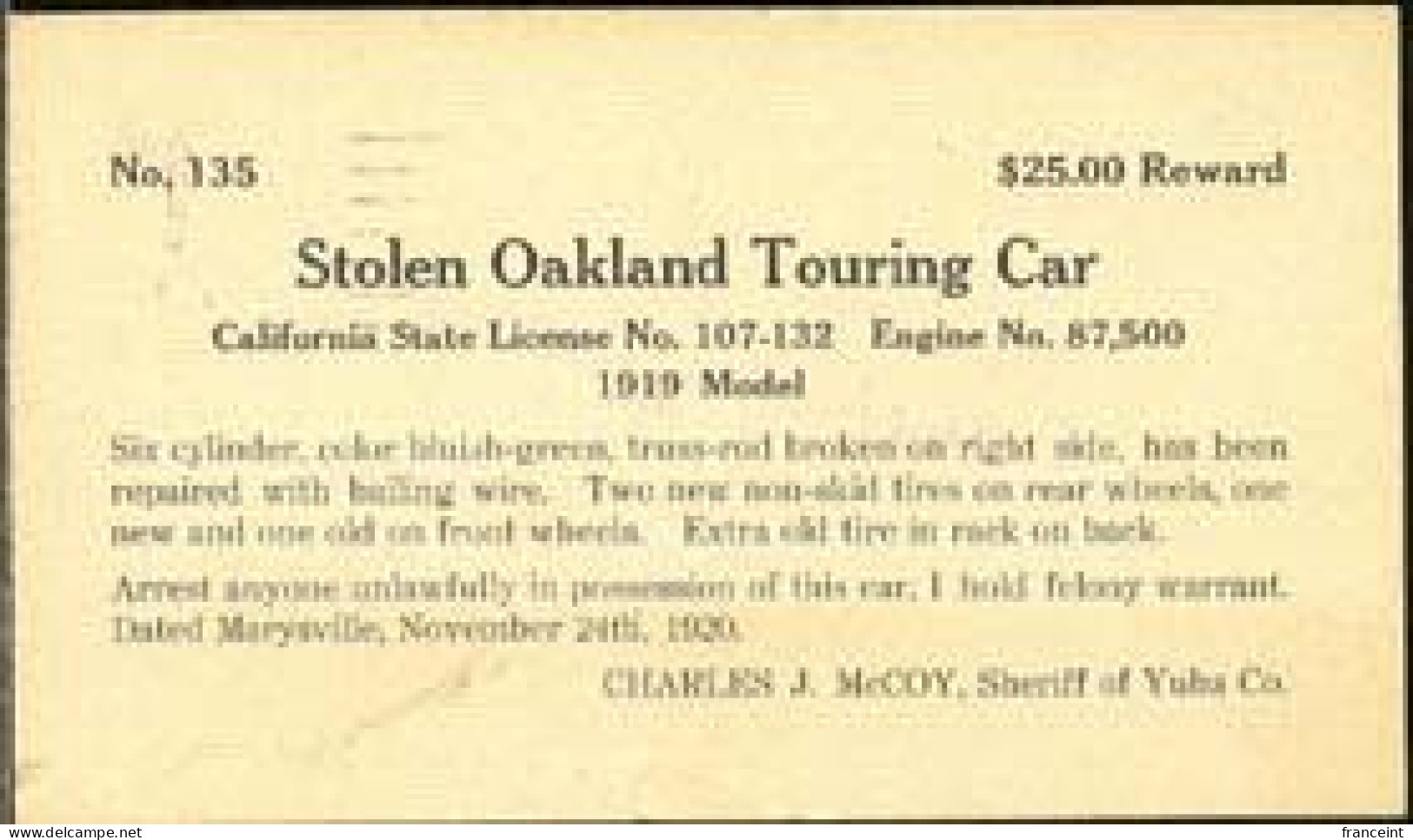 U.S.A.(1920) Auto Theft Reward Card. Postal Card Offering $25 Reward For Recovery Of Oakland Touring Car, Stolen From Ma - Recordatorios