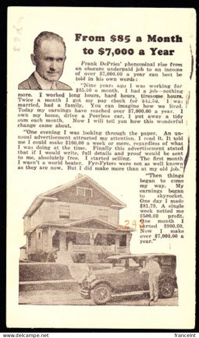 U.S.A.(1920) Money. Automobile. 1 Cent Postal Stationery With Advertising To Increase One's Income. "From $85 A Month To - 1901-20