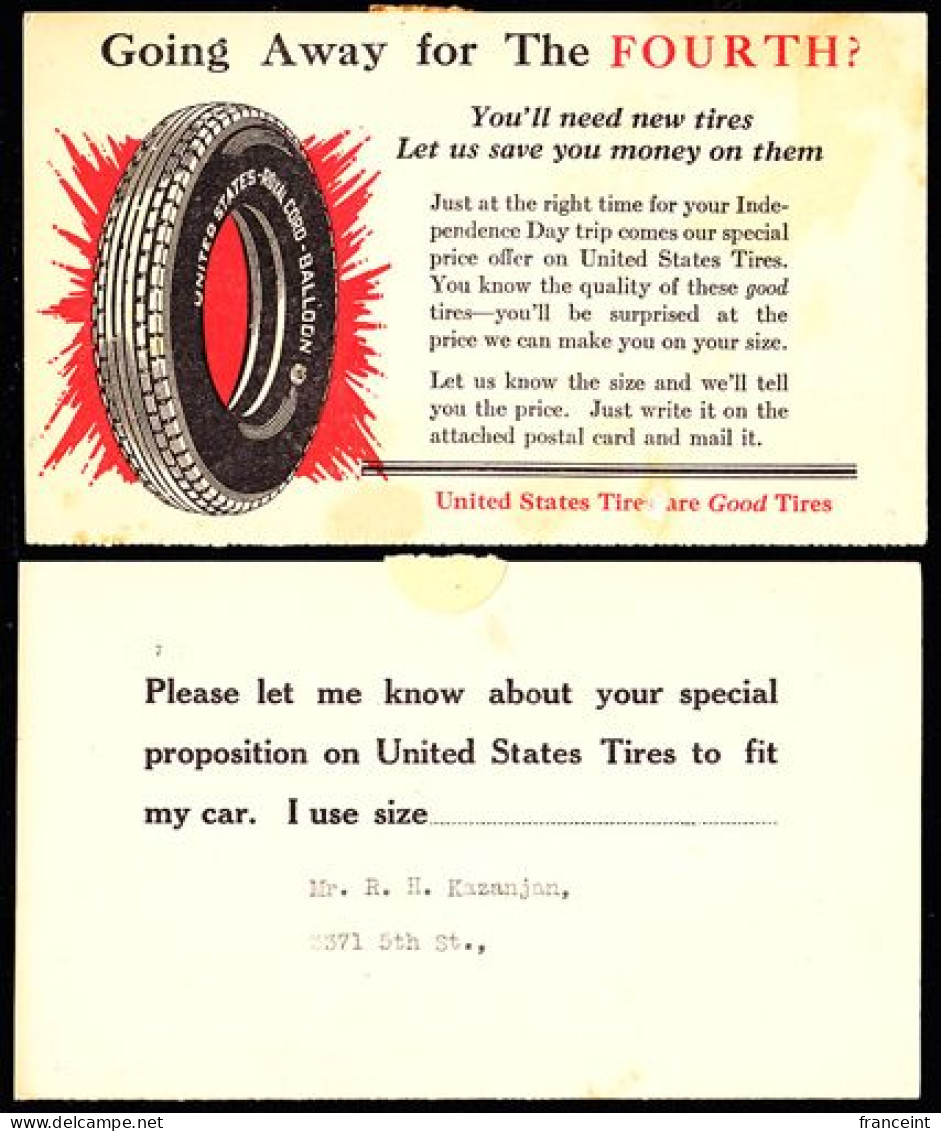 ETATS UNIS(1927) Pneu. Entier Publicitaire Bicolore à 1 Cent Avec Réponse Payée Détachée à 1 Cent. "United States Tires. - 1901-20