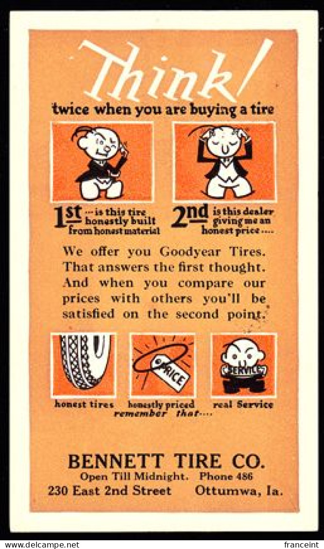 U.S.A.(1927) Tires. One Cent Postal Card With Bicolor Illustrated Cartoon Ad For Bennett Tires. - 1901-20