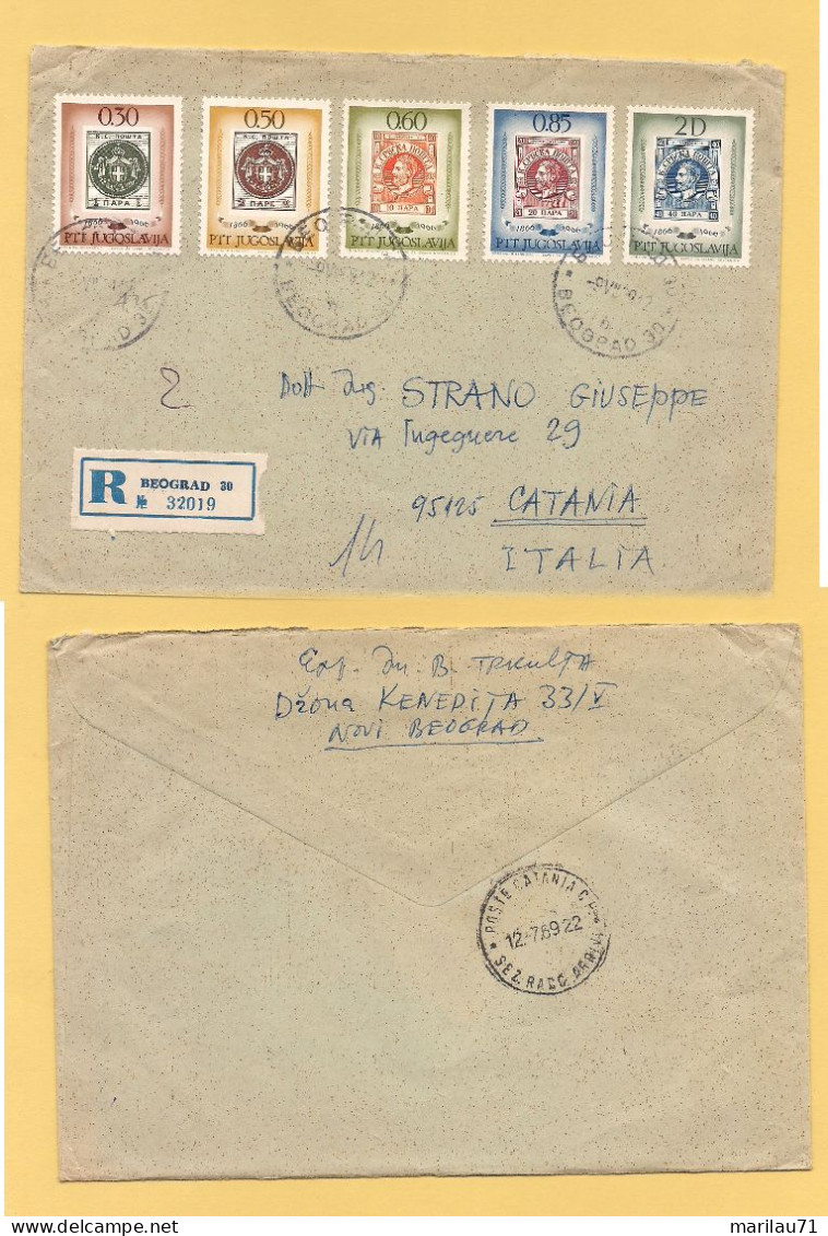 GM552 Jugoslavia 1969 Raccomandata Beograd 5 Stamps X Catania - Covers & Documents