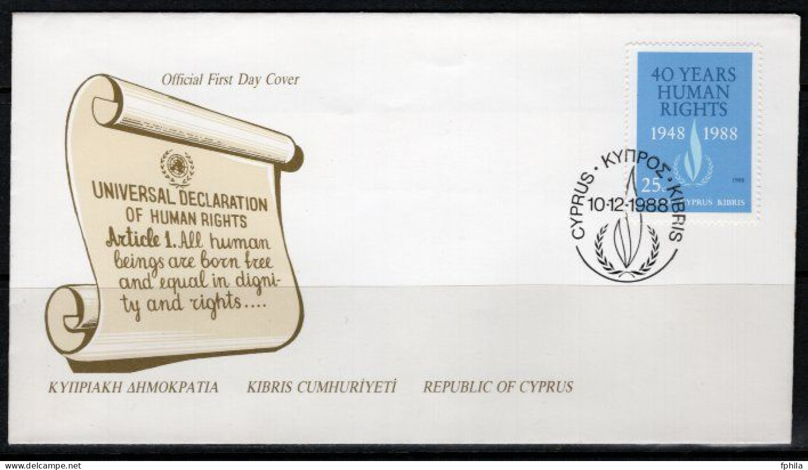 1988 CYPRUS HUMAN RIGHTS FDC - Cartas