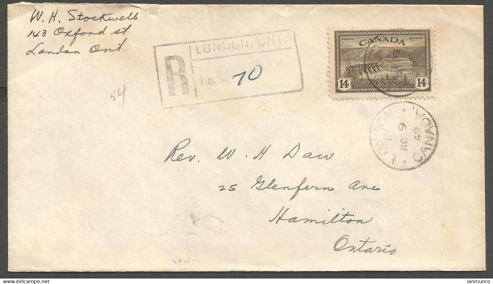 1949 Registered Cover 14c Peace Dam #270 CDS London To Hamilton Ontario - Postal History
