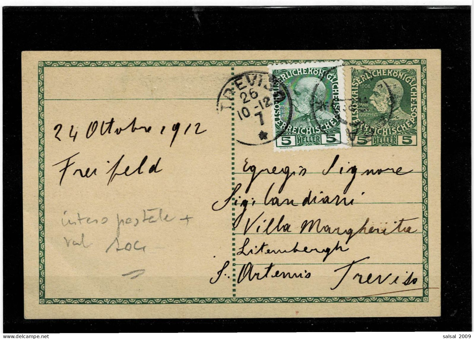 AUSTRIA,intero Postale,per Treviso,con Valore Gemello,in Affrancatura 24-12-1912,molto Bella - Cartas-Letras