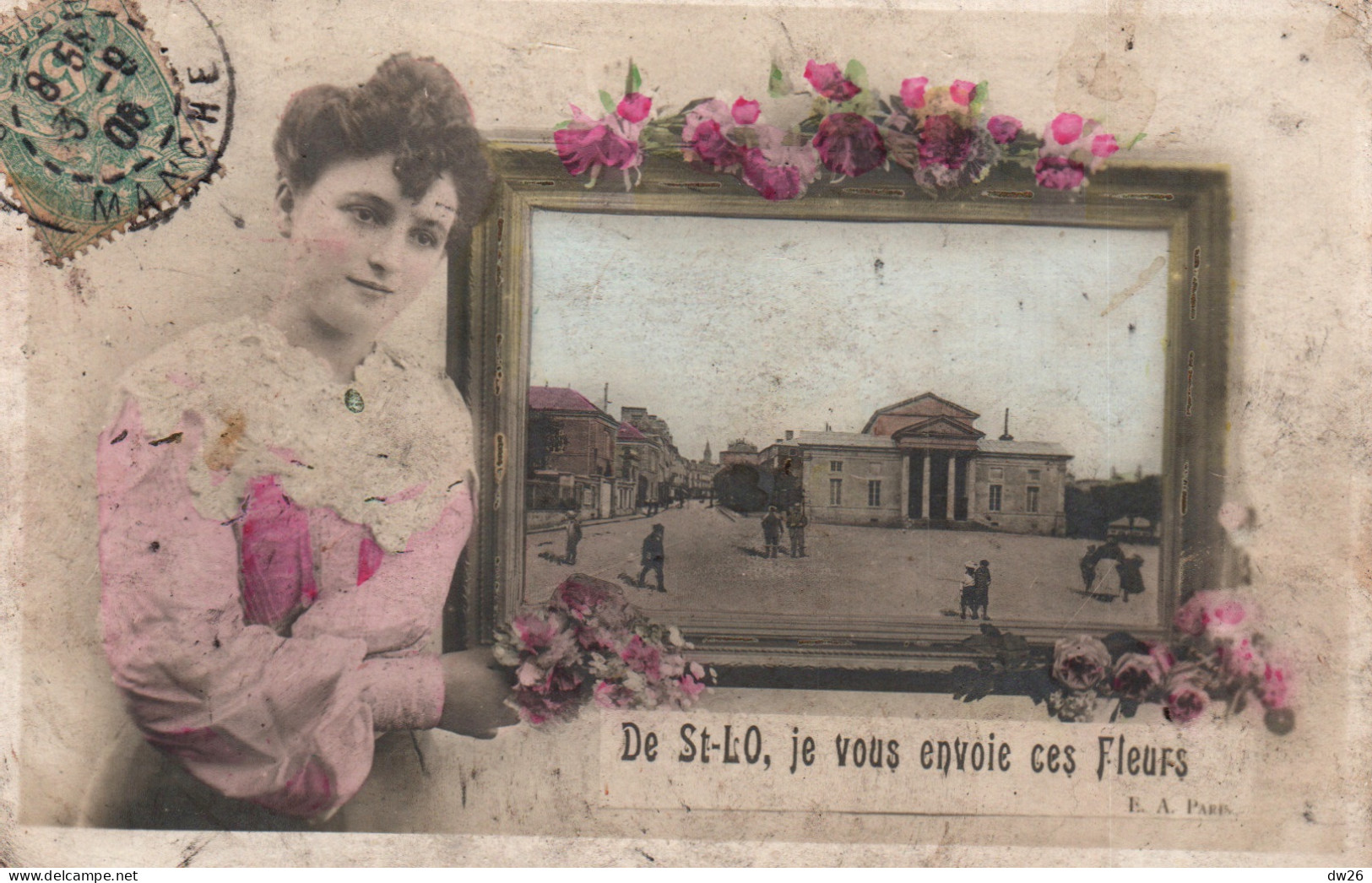 Souvenir - De St Saint Lo Je Vous Envoie Ces Fleurs, Le Tribunal Dans Le Cadre - Carte E.A. Colorisée De 1906 - Souvenir De...