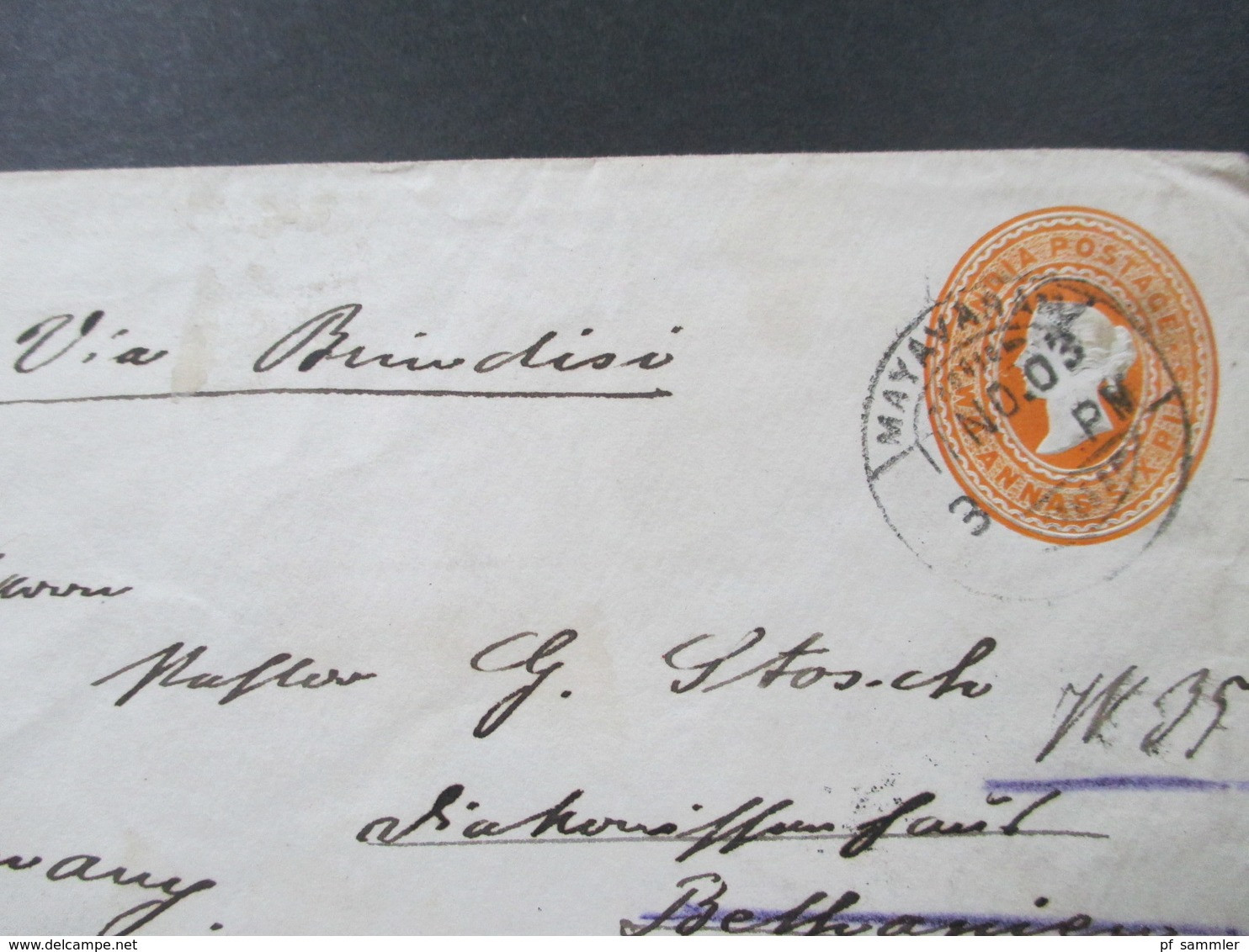 Indien 1898 GA Umschlag Mayavabam Via Brindisi Nach Berlin Sea Post Office B No. 21 - 1902-11 King Edward VII