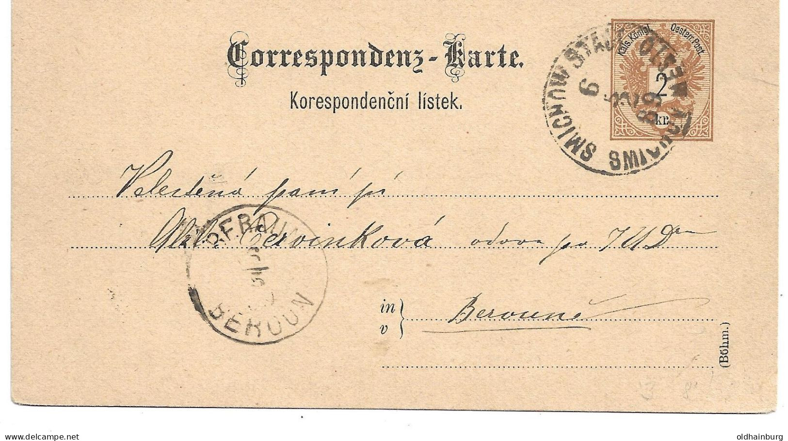 0152m: Altösterreichisches Gebiet Böhmen, Smichow Postkarte 1889 - ...-1918 Voorfilatelie