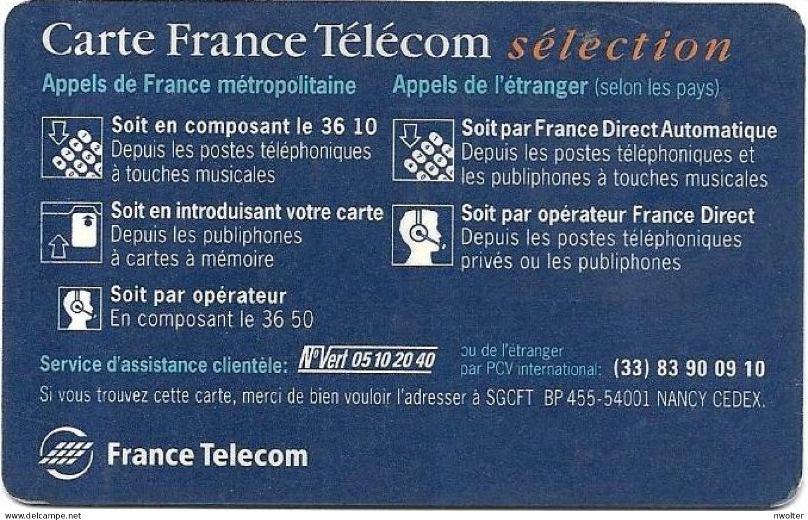 @+ Carte France Telecom Nominative - Chip Bull H - Verso SELECTION - Pastel Cards