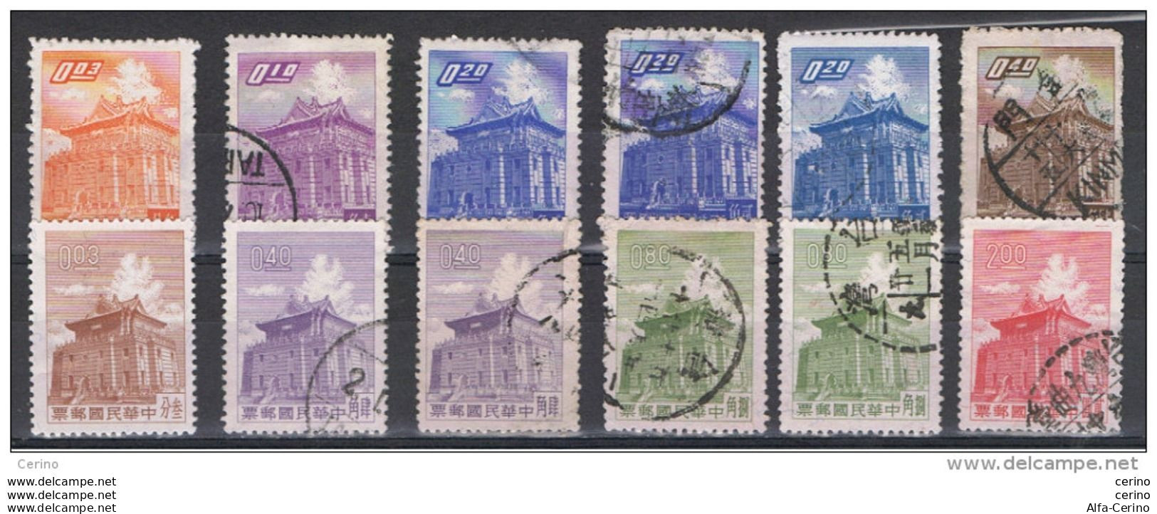 TAIWAN:  1959/60  PAGODA  -  LOT  12  USED  STAMPS  -  YV/TELL. 284//344 - Gebruikt