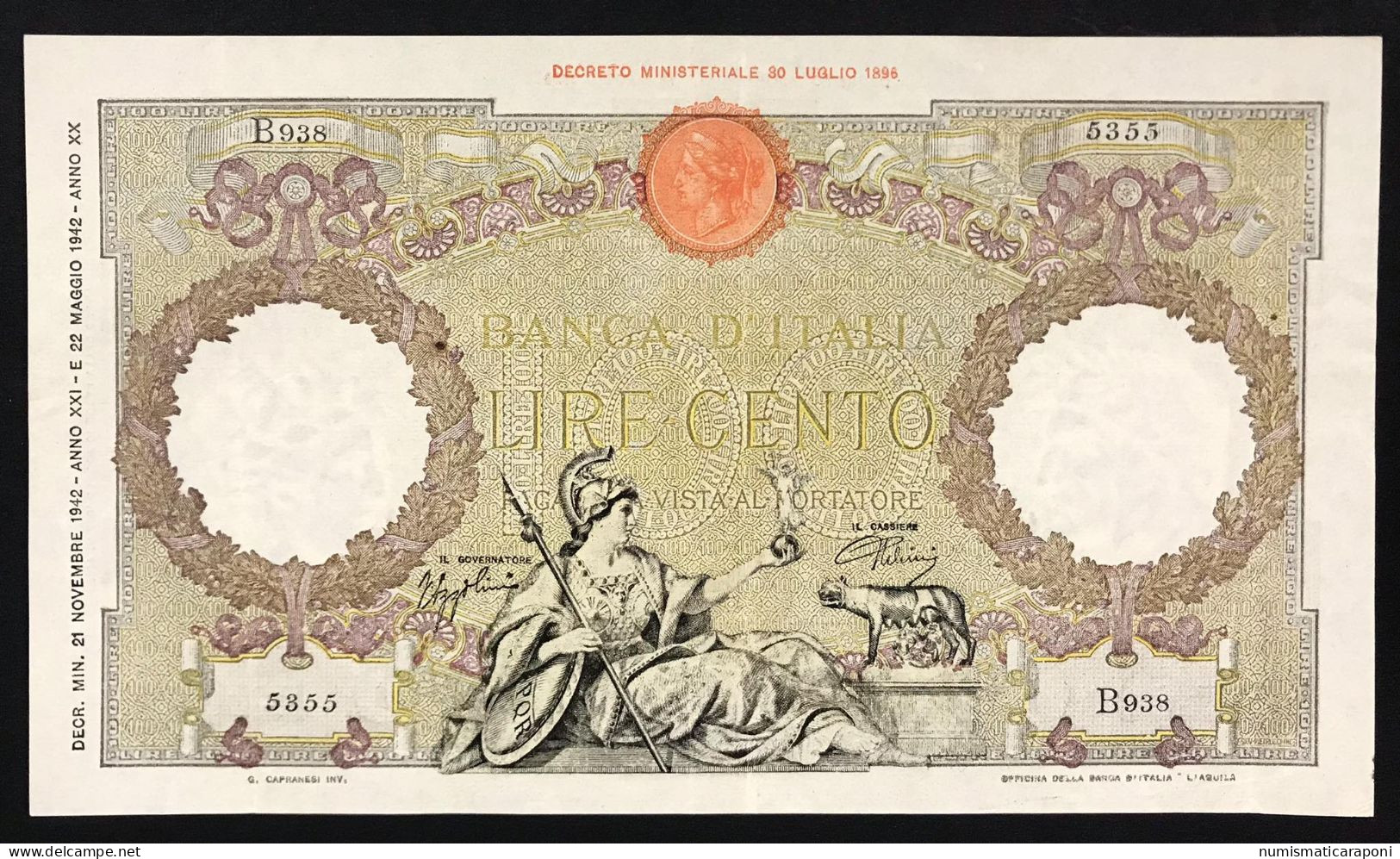 100 LIRE ROMA GUERRIERA FASCIO L'AQUILA 21 11 1942 N.c. Bel Bb/spl LOTTO 3718 - 100 Liras