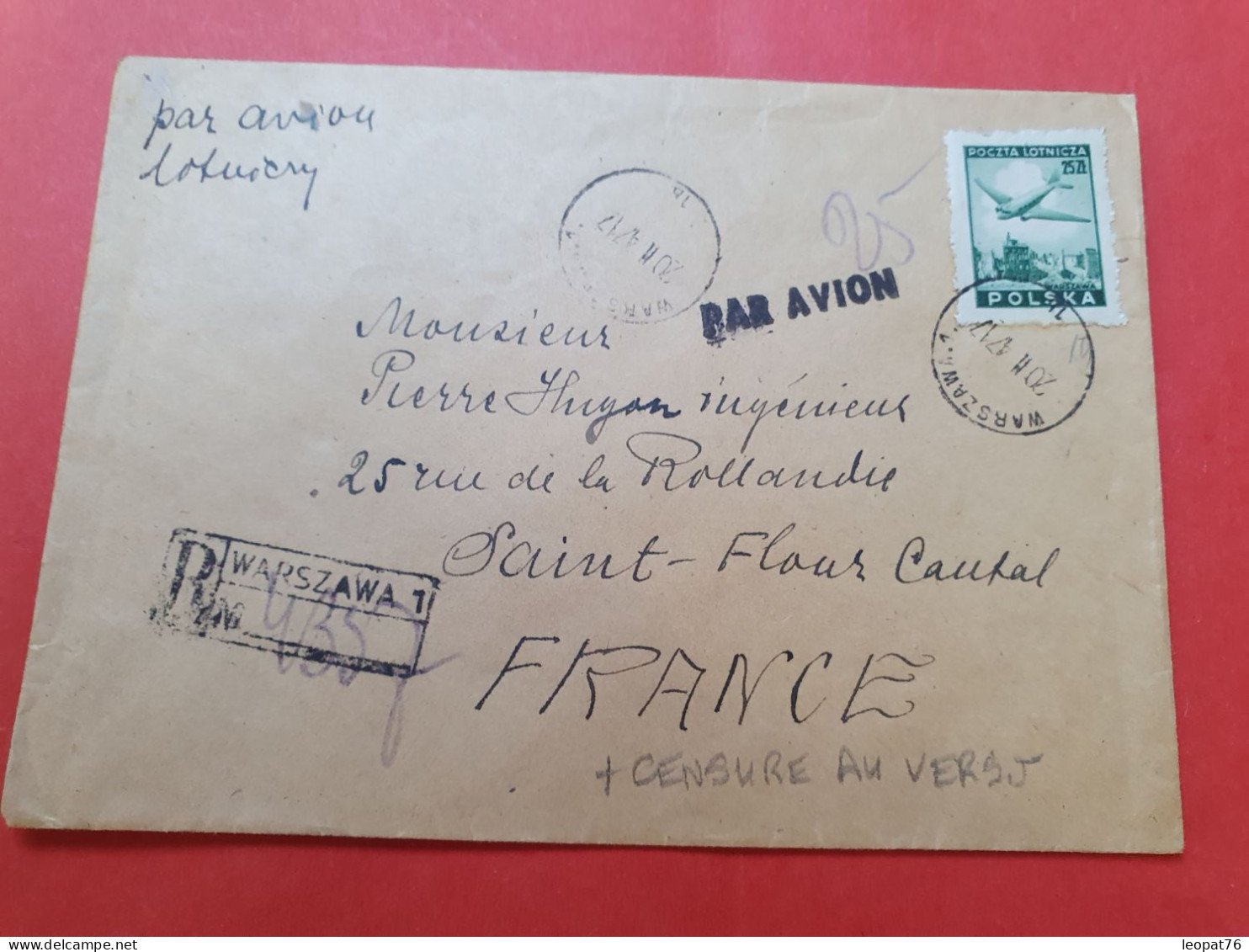 Pologne - Enveloppe En Recommandé De Warszawa Pour La France En 1947 Avec Cachet De Censure Au Dos - D 475 - Storia Postale