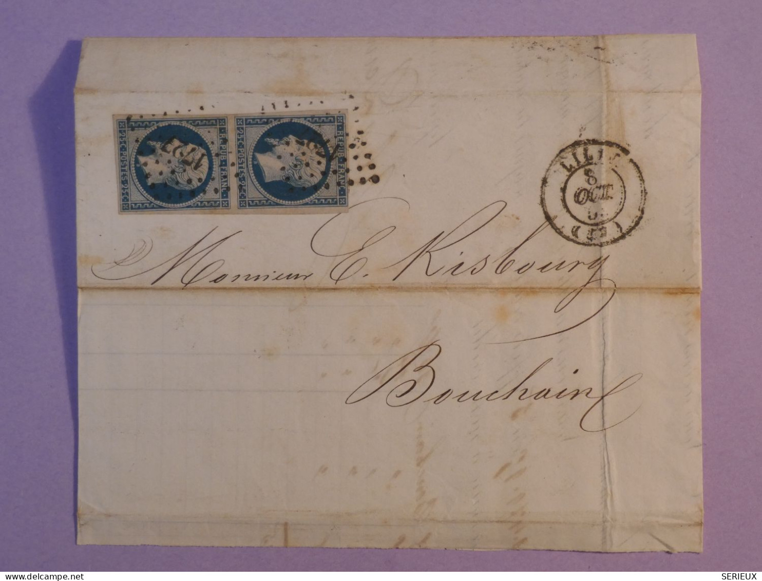 DF0 FRANCE BELLE  LETTRE   ENV.  1859 LILLE A BOUCHAIN   +PAIRE  VERT. DE NAPOLEON  N° 10 + AFF. INTERESSANT++++ - 1852 Luis-Napoléon