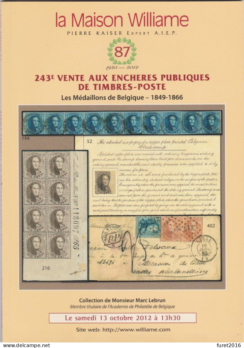 Catalogue De Vente WILLIAM N° 243 COLLECTION Marc Lebrun LES MEDAILLONS DE BELGIQUE  1849 1866 - Cataloghi Di Case D'aste