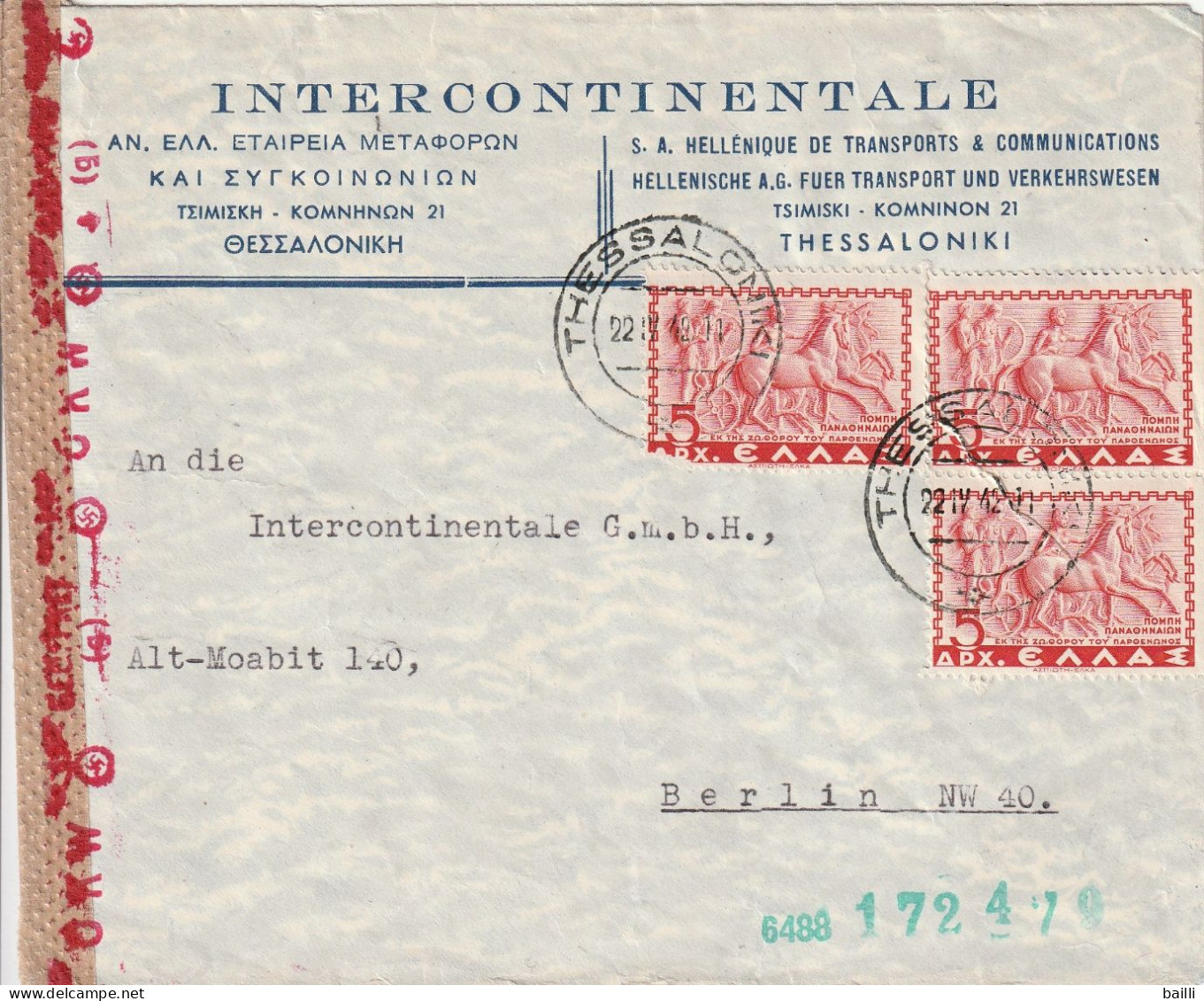 Grèce Lettre Censurée Thessaloniki Pour L'Allemagne 1942 - Lettres & Documents