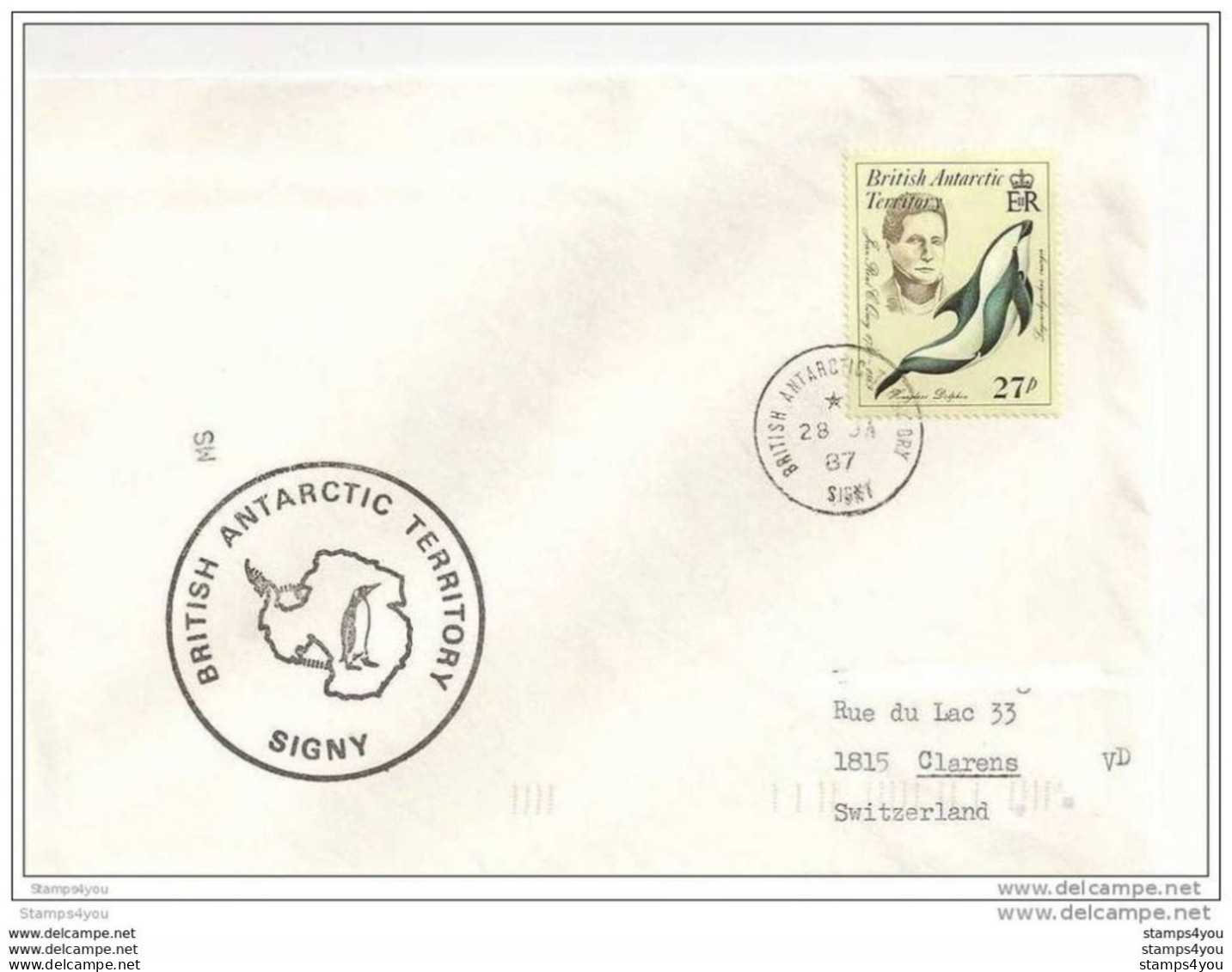 212 - 16 - Lettre Base Antarctique Britannique Signy 1987 - 1 Timbre Dauphin - Storia Postale