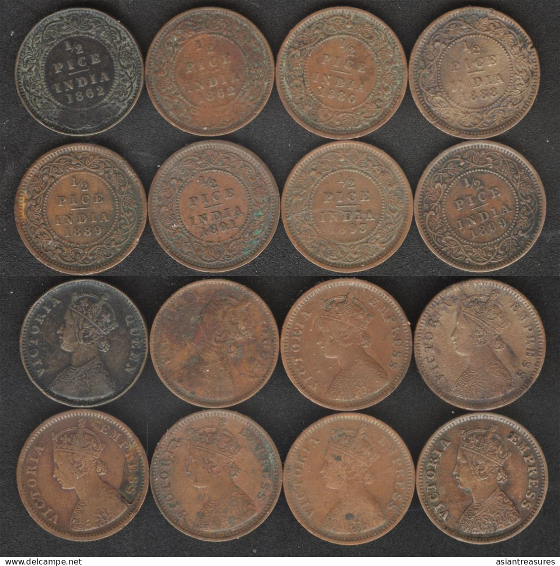 British India 1862-1899 8 Coin Set 1/2 Pice All VF-EF+ Condition - Andere - Azië