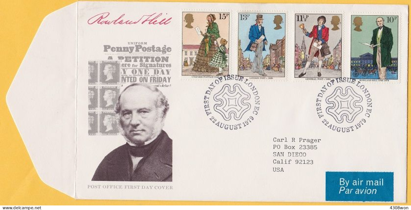 UK - GB 1979 Rowland Hill Set - SG 1095-1098 Air Mail FDC, London Bureau Postmark - 1971-1980 Decimal Issues