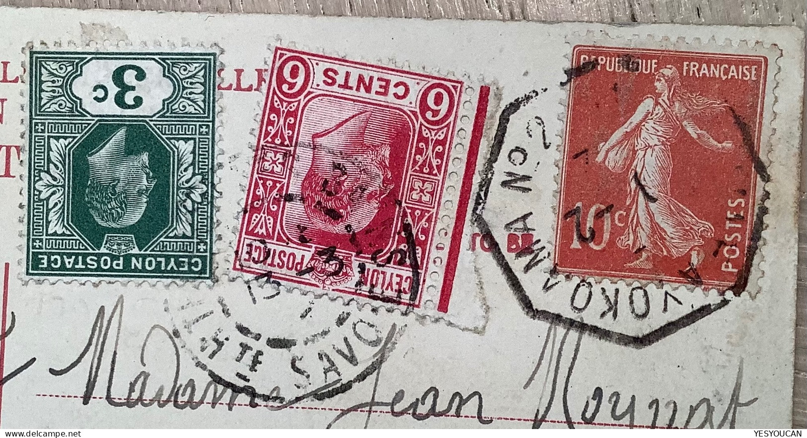 CEYLON+FRANCE“MIXED FRANKING“1912FRENCH SHIPMAIL Marseille à Yokohama>Thonon Les Bains Hte Savoie France(Semeuse Japan - Ceilán (...-1947)