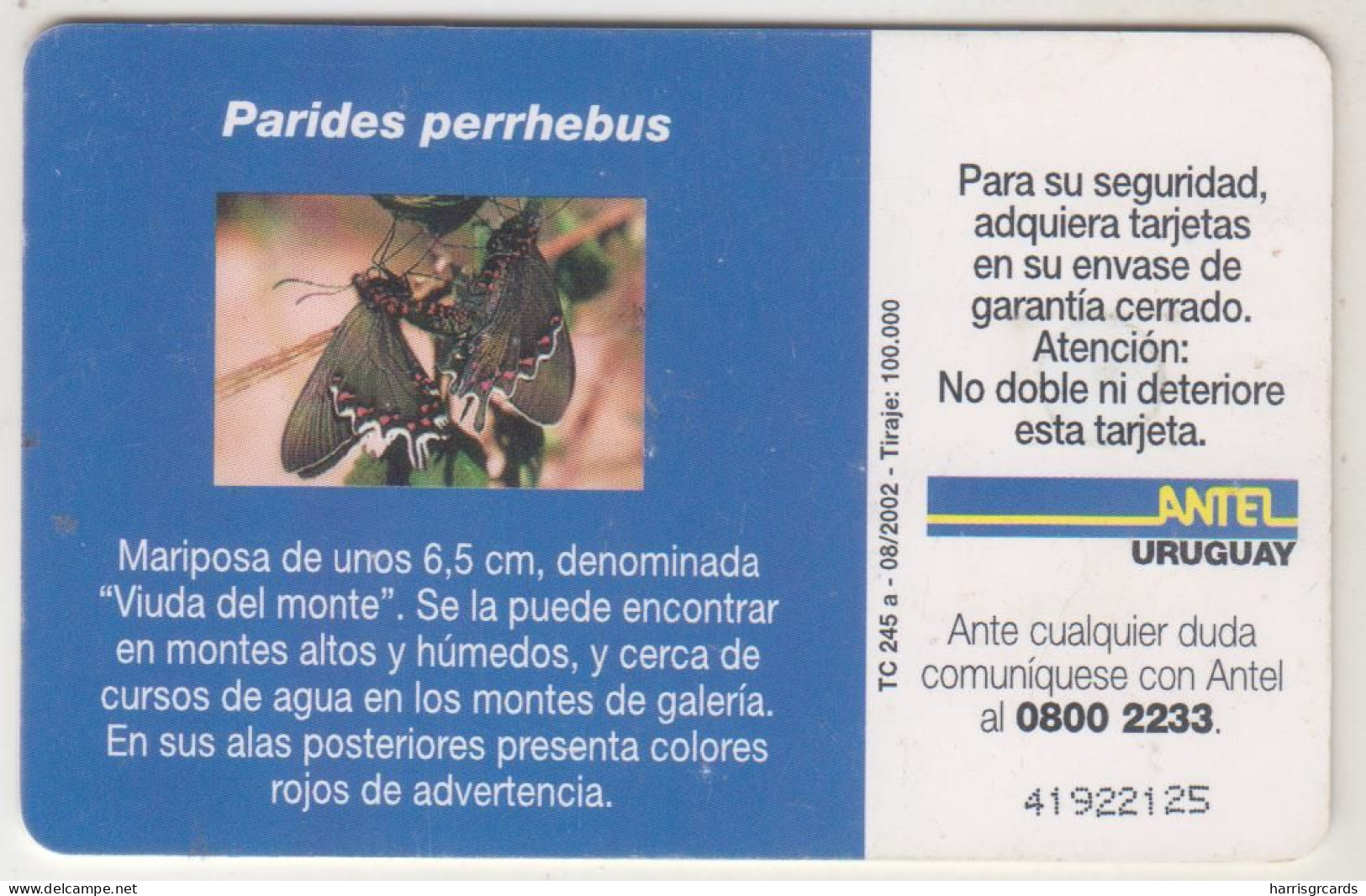 URUGUAY - Parides Perrhebus (Butterfly), TC 245a, Chip: GEM5 (Red), 50 $ , Tirage 100.000, Used - Uruguay