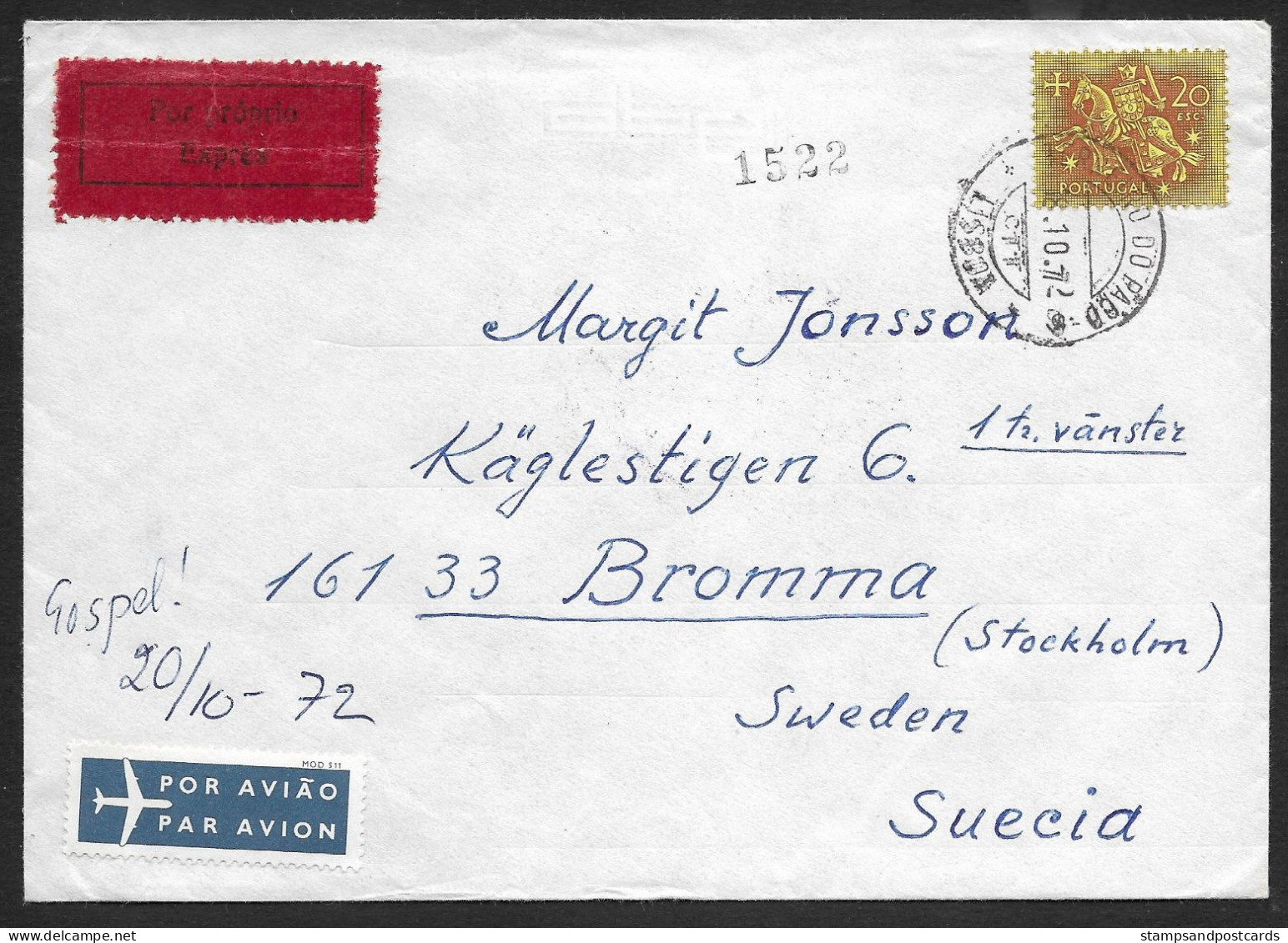 Portugal Lettre 1972 Por Proprio/Express CE776 Chevalier Médiéval 20 Esc. Solo Cover Medieval Knight 20$ To Sweden - Storia Postale