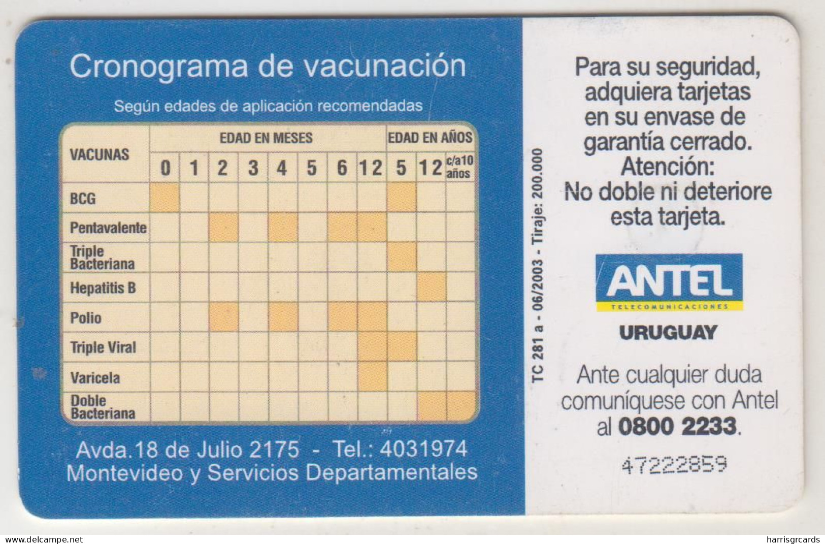 URUGUAY - Por Amor Vacunemos A Nuestros Hijos, TC 281a, Chip: GEM5 (Red), 25 $ , Tirage 200.000, Used - Uruguay